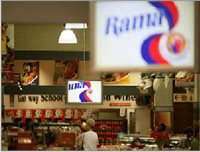 32 inch screens placed throughout the main aisles of the stores