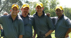 Tim Thabethe and Andre Kunz from the Breakfast Club on OFM invited two listeners to play with them at the annual Shoprite Checkers OFM Chip for Charity. Here with the two presenters is Charl Van Staden and De Wet Van Wyk