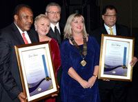 L to R: Dr Irvin Khoza, Professor Ronel Rensburg, Ivor Blumenthal, Samantha Louis and Dr Danny Jordaan