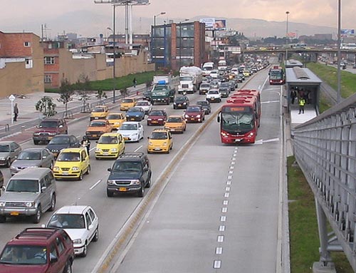TransMilenio dedicated bus lane, Bogota. Source: .