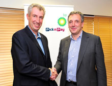 Gerard Derbesy CEO of BP Southern Africa with Pick n Pay Chairman Gareth Ackerman after signing the agreement which will see the roll out of small-format Pick n Pay stores located at BP service stations in the major metropolitan areas across South Africa. PnP Express stores stock between 1,500 and 2,500 product lines and stay open 24/7, catering to the convenience retail market.