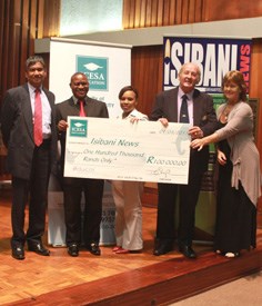 (Left to Right) Mr Ronie Pakkiri, Academic Manager at ICESA, Mr James Nkosi, Editor-in-chief of Isibani newspaper, Mbali Tsalong, Sales Manager at ICESA, Dr Peter Munns, President of the South Coast Chamber of Commerce and Industry, Carol Spence, General Manager at ICESA.