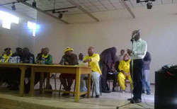 Health MEC Benny Malakoane addressing nurses and students at Bongani Hospital in Welkom. Did he send the police? (Image: ANC, Free State)