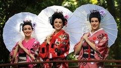 Three Little Maids – Peep-Bo (Carmen Kinsey), Yum-Yum (Karen Wilson Harris) and Pitti-Sing (Karlé Briedenhann) - Photo credit, Waldo Buckle