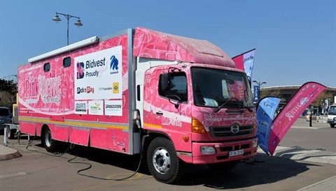 One of the PinkDrive trucks which includes a fully equipped radiography unit and examination and reception areas.