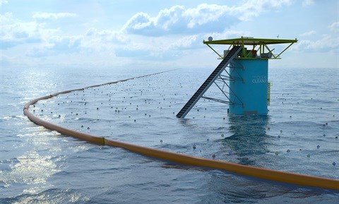 The stationary system is completely safe for marine life and is designed to be almost entirely self-sufficient, predominantly running on energy harnessed from the sun and waves. Credit: The Ocean Cleanup.