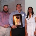 Receiving the 2015 Energy Efficiency Forum Award in the Large Building Retrofit category for Bayside Mall in Tableview, Cape Town, were; from left: Duane Petersen of Jefarres and Green (Pty) Ltd; Growthpoint Properties’ Steve Fourie, Pierre van Ryneveld and Aadilah Ryklief; with Cllr Johan van der Merwe, the City of Cape Town’s Mayoral Committee Member for Energy, Environmental and Spatial Planning.