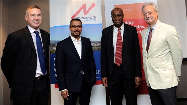 From left: Craig Landsberg, Wesgro’s CHTP Project Manager, Ryan Ravens, CEO of Accelerate Cape Town, Kelly Chibale, Founder and Director of the UCT Drug Discovery and Development Centre, and Paul Herrling, chairman of the board of the Novartis Institute for Tropical Diseases in Singapore at Accelerate Cape Town’s recent forum on “Cape Town as Africa’s Pharma R&D and Healthtech Hub”.