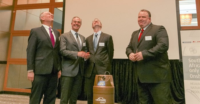 L-R: Nick Haines, of The Linde Group, Renergen chief executive, Stefano Marani, Dr Alexander Brandl of Linde Engineering, and Schalk Venter, Afrox chief executive.