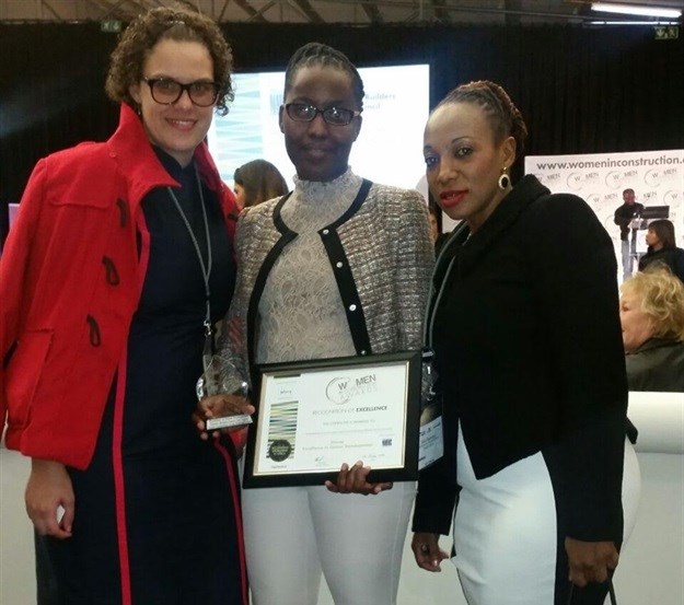 L-R: Marissa van Zuydam, marketing executive at Inyatsi Construction; Thobile Bhembe, junior site agent at Inyatsi Construction; Slivia Ngwenya, communications manager at Inyatsi Construction