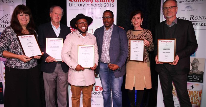 L-R Jean Pieters (Kwela), Russell Martin (Jacana), Khaya Dlanga, author of To Quote Myself, Sunday Times editor, Bongani Siqoko, Melinda Ferguson (MF Books Jacana) and Jeremy Boraine (Jonathan Ball). Photograph: Esa Alexander, Sunday Times
