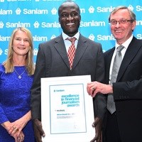 (L-R) Margaret Dawes, Sanlam Emerging Markets; winner Allan Odhiambo, Business Daily; Desmond Smith, Sanlam Chairman