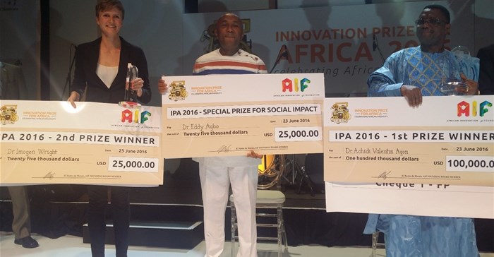Innovation Prize for Africa winners: (L-R): Dr Imogen Wright, Dr Eddy Agbo, Dr Achidi Valentin Agon.