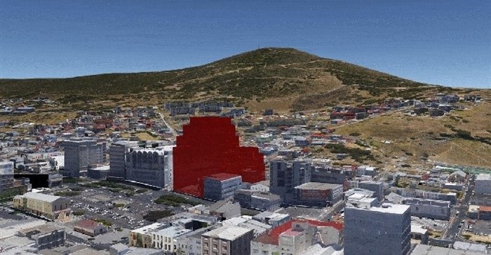 The proposed development with the Bo-Kaap neighborhood and Signal Hill behind it. Image source: