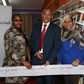 Unveiling the new library are from left: Pamela Mbusi, district education officer from the Department of Education; Thomas Matthews, school principal; and Gishma Johnson, GMSA’s corporate communications and PR manager.