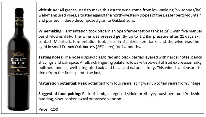 Rickety Bridge Cabernet Sauvignon 2013 ranked as one of SA's best
