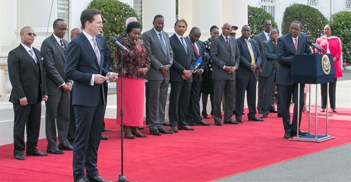 Thomas Schaefer, chairman and MD of Volkswagen South Africa and H.E. Uhuru Kenyatta, president of Kenya addressing media at the State House in Nairobi after the signing of an agreement to start the production of the Volkswagen Polo Vivo in Thika near Nairobi, Kenya.