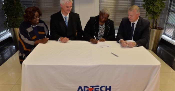 (L-R): Dr Christine Mushibwe (UoA Deputy Vice Chancellor), Dr Tobais Doyer (UoA CEO), Madam Ruth Mubanga (UoA Chancellor), Roy Douglas (ADvTECH CEO)