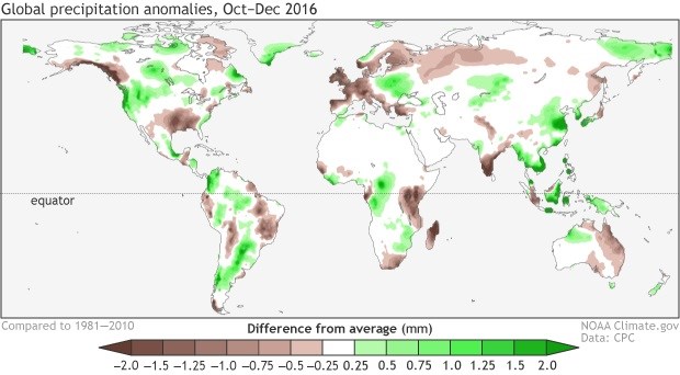 October – December 2016 surface temperature patterns, shown as the difference from the long-term mean. Climate.gov figure from CPC data.