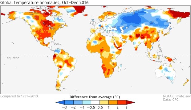 October – December 2016 surface temperature patterns, shown as the difference from the long-term mean. Climate.gov figure from CPC data.