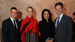 Moda Operandi co-founder Lauren Santo Domingo (second left) poses with Martin Drew ,Etihad Airways Senior Vice President – Americas (left), Amina Taher, Etihad Airways Head of Corporate Communications (second right), Patrick Pierce, Etihad Airways Vice President – Sponsorship (right), and Etihad Airways cabin crew during a VIP dinner announcing the launch of Runway to Runway.