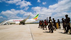 Traditional Zimbabwean dancers welcome Ethiopian Airlines's inaugural flight into Victoria Falls International Airport
