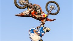 FMX rider Nick de Wit pulls a jaw-dropping backflip heel clicker, one of the tricks Rand Show visitors could see in the new “Gravity Clash” stunt show.