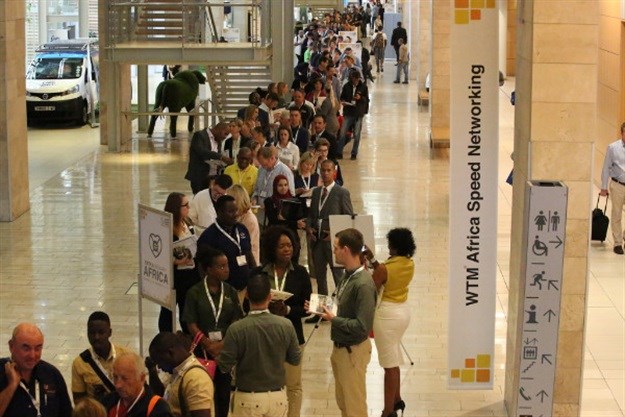 Exhibitors queuing to meet with buyers at one of the highly sought-after speed networking sessions that grew from 110 to 165 tables this year.