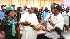 L-R: Deputy Governor, Osun State, Titilayo Laoye-Tomori; Governor of Osun State, Rauf Aregbesola; and Director General of the International Institute of Tropical Agriculture, Dr Nteranya Sanginga at the commissioning of IITA Research and Training Farm in Ago Owu