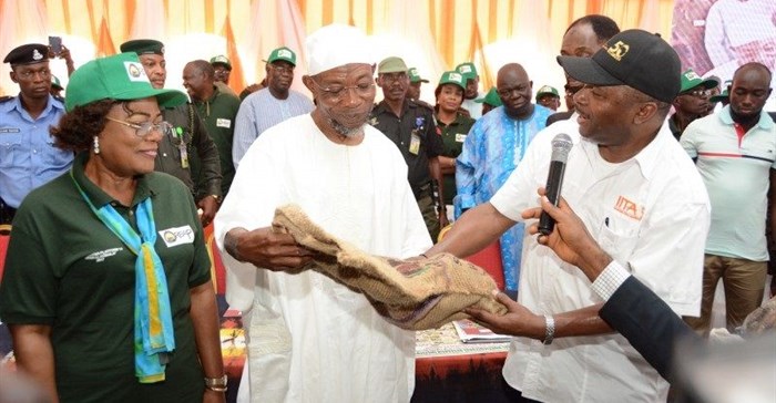 L-R: Deputy Governor, Osun State, Titilayo Laoye-Tomori; Governor of Osun State, Rauf Aregbesola; and Director General of the International Institute of Tropical Agriculture, Dr Nteranya Sanginga at the commissioning of IITA Research and Training Farm in Ago Owu
