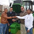 Handing over the key to CUT students and Professor Fourie is Dries van Schalkwyk, Marketer from Senwes (second from right). On his left is Prof. Pieter Fourie, Professor: Agriculture and two first-year students in agriculture Tshegofatso Kgoasasa (left) and Palesa Maseko.