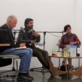 L-R: Ben Cousins from PLAAS, Aditya Kumar from DAG, Sarita Pillay from Ndifuna Ukwazi and Lauren Royston from SERI discuss land reform at the Open Book Festival.