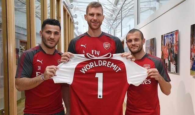 New signing, (L-R), 1st XI defender, Sead Kolasinac; Arsenal Club Captain, Per Mertesacker; 1st XI midfielder and Arsenal Academy graduate, Jack Wilshere.