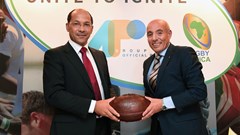 (From Left to Right) - Nicolas Pompigne-Mognard, Founder and CEO of APO Group and Abdelaziz Bougja, Chairman of World Rugby’s African association, Rugby Africa during the signing ceremony of the agreement under which APO Group becomes the main Official Sponsor of Rugby Africa, at Royal Garden Hotel on November 12, 2017 in London, England. (Photo by Eamonn M. McCormack/Getty Images for APO Group).