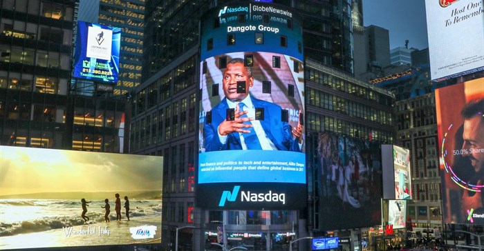Alika Dangote featured on the Nasdaq billboard in New York.