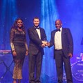Lance Pullan of K-Line receiving the company’s award for Most Improved Shipping Line presented by TNPA Port of Durban’s Lwandile Mabuza (left) and Tshwaelo Matlhape (right).