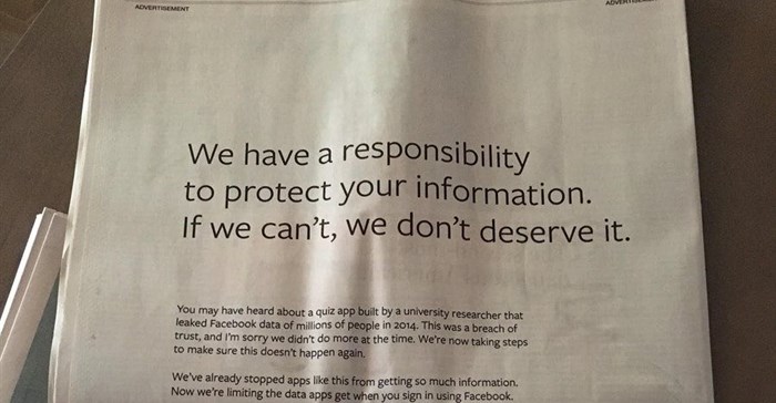 Facebook runs UK, US newspaper ads apologising for data scandal