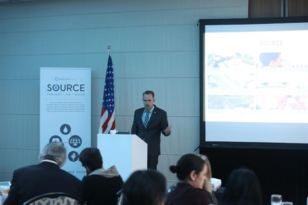 Cody Friesen, Zero Mass Water CEO, addresses the room at the launch of Zero Mass Water in Cape Town