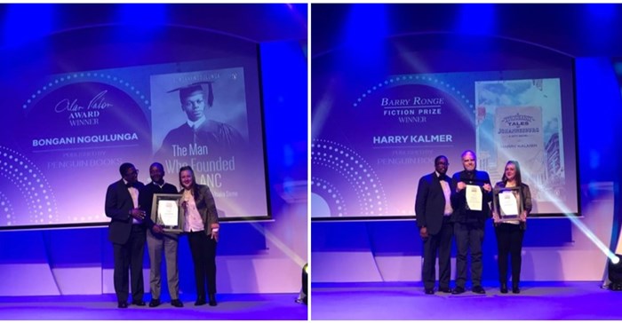 Left image: Alan Paton Award for non-fiction: Bongani Siqoko, Bongani Ngqulunga and Olivia-Jay Pretorius. Right image: Barry Ronge Fiction Prize L-R Bongani Siqoko, Harry Kalmer and Olivia-Jay Pretorius.