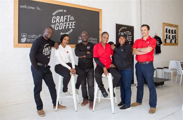 From left to right: Sidu Dube (Craft Coffee Academy Barista Trainer), Queen Jamile (Barista student), Sibongile Mahlangu (student barista), Japhet Matimbe (Craft Coffee roaster), : Lovejoy Chirambasukwa (Craft Coffee Roastery Manager) and Andrew Brown (CEO of Daily Buzz and Craft Coffee)