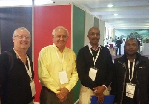 New business partners in Nairobi, Kenya. From left to right: Alastair Stead, Scan Display: African Business Development Manager; Charles Campbell Clause, Exhibition Stand Contractors: CEO; Richard Njarumi, Exhibition Stand Contractors: Operations Manager; Ernest Lisinga, Scan Display: Team Leader.