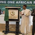 African Union chairperson and president of Rwanda Paul Kagame (from left); president of Niger Mahamadou Issoufou and African Union Commission chairperson Moussa Faki Mahamat at the launch of AfCFTA in Kigali in March 2018. Credit: Office of President Paul Kagame.