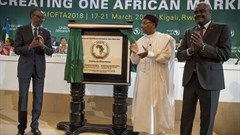African Union chairperson and president of Rwanda Paul Kagame (from left); president of Niger Mahamadou Issoufou and African Union Commission chairperson Moussa Faki Mahamat at the launch of AfCFTA in Kigali in March 2018. Credit: Office of President Paul Kagame.