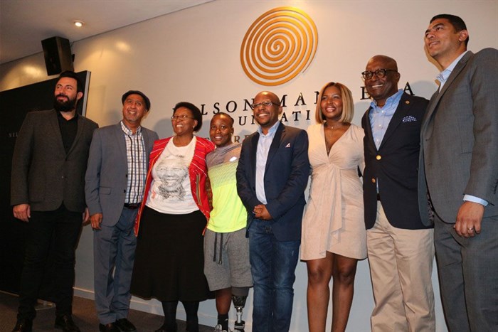 (From left: Martin Bester, Jacaranda FM; Ivor Hoff, Acting HOD Gauteng SACR; Ms Faith Mazibuko, MEC SACR; Kgothatso Montjane; Sello Hatang, CEO Nelson Mandela Foundation; Carol Tshabalala; Jackie Tau, Group-Man: Corporate Social Invest, Strategic Trade Development; Jermaine Craig, Independent Media Sports. Photo credit: Optimize Agency