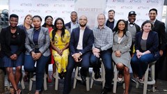 Eight small businesses make up the latest Property Point intake for Attacq. Front, centre left: Shawn Theunissen, head of corporate social responsibility at Growthpoint Properties and founder of Property Point. Front, centre right: Danny Vermeulen, empowerment specialist at Attacq.