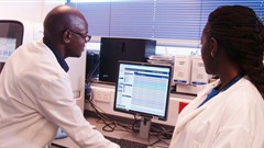 Scientists analysing data at the South-South Malaria Research Partnership project laboratory in Kenya. Flora Mutere-Okuku