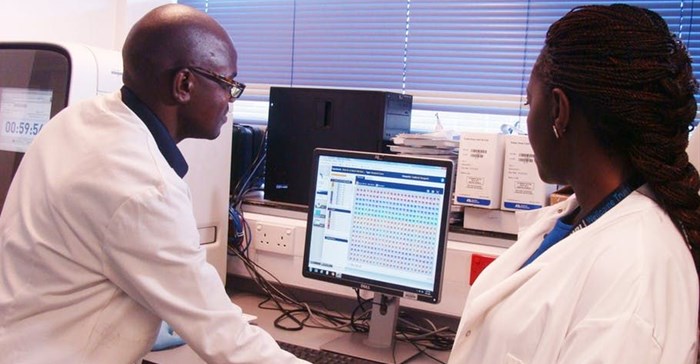 Scientists analysing data at the South-South Malaria Research Partnership project laboratory in Kenya. Flora Mutere-Okuku
