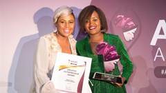 Basetsana Kumalo, Executive Chairman & CEO, Basetsana Woman Investment Holdings, South Africa, with the winner of the AWIEF Awards 2018 Creative Industries Award, Nana Akua Oppong-Birmeh, CEO of Archxenus, an architectural design company based in Accra, Ghana.