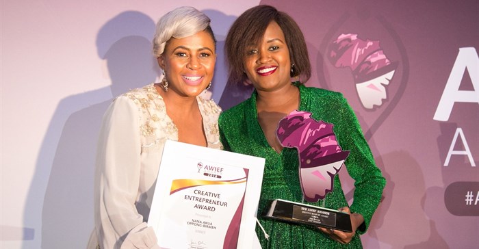 Basetsana Kumalo, Executive Chairman & CEO, Basetsana Woman Investment Holdings, South Africa, with the winner of the AWIEF Awards 2018 Creative Industries Award, Nana Akua Oppong-Birmeh, CEO of Archxenus, an architectural design company based in Accra, Ghana.