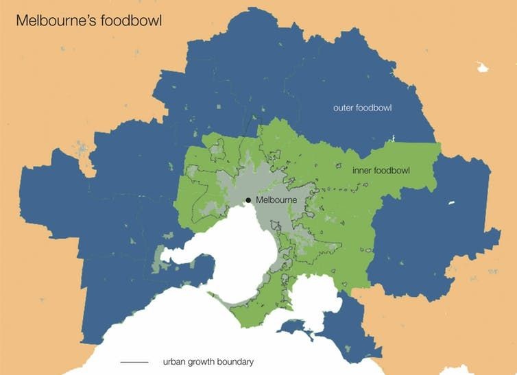 Areas outside Melbourne identified as 'foodbowls' for city-fringe farming.<p>Foodprint Melbourne